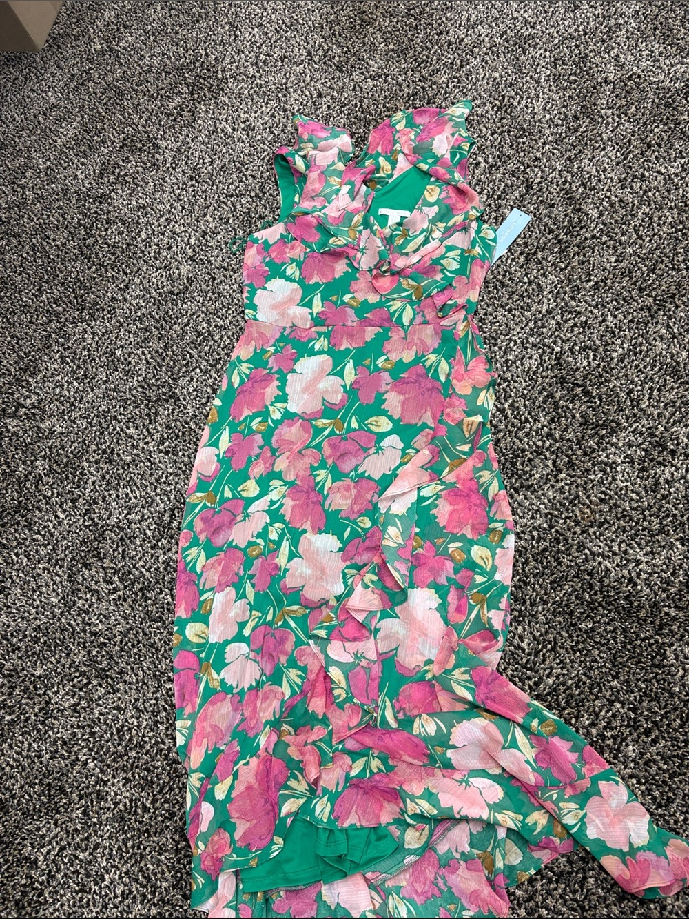 London Times Green Floral Ruffle Maxi Dress with Pink & White Blooms